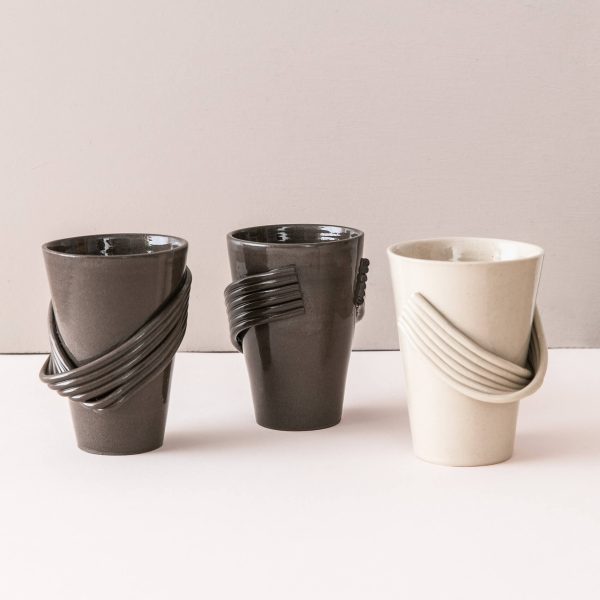 tasse grès gris et beige cordes torsadées